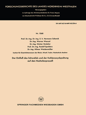 cover image of Der Einfluß des Schwefels und der Kohlenoxydspaltung auf den Hochofenprozeß